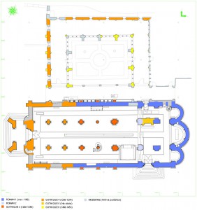 Plan de la Collégiale au niveau du rez-de-chaussée, avec report des phases de construction et de transformation de l’église entre les 12e et 19e siècles (document Christian de Reynier sur base relevé Archéotech, 2006). 