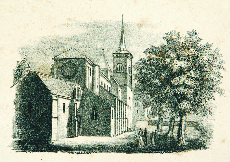 Le Temple du Haut (Collégiale), lithographie de J.F. Bosset Deluze, vers 1800, (MAHN)
