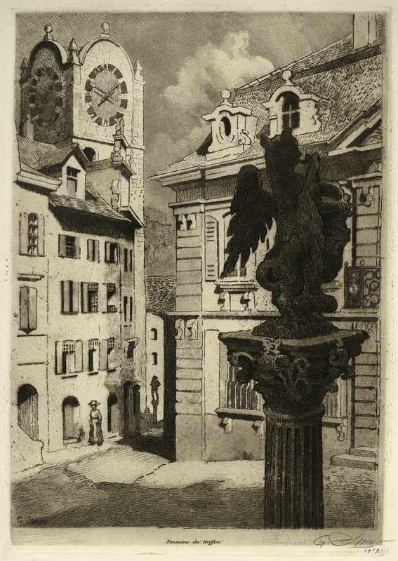 Fontaine du Griffon (1919 Gustave Steiger 1867-1935, eau-forte. Cabinet des estampes, Bibliothèque nationale suisse, Berne