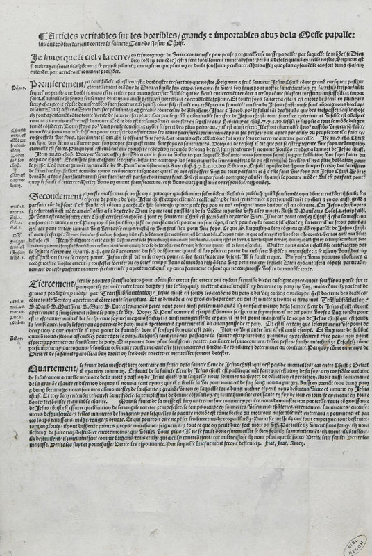 Le Placard 1534 (imprimé dans l'atelier de Pierre de Vingle, Neuchâtel et rédigé par Antoine Marcourt, premier pasteur de Neuchâtel)