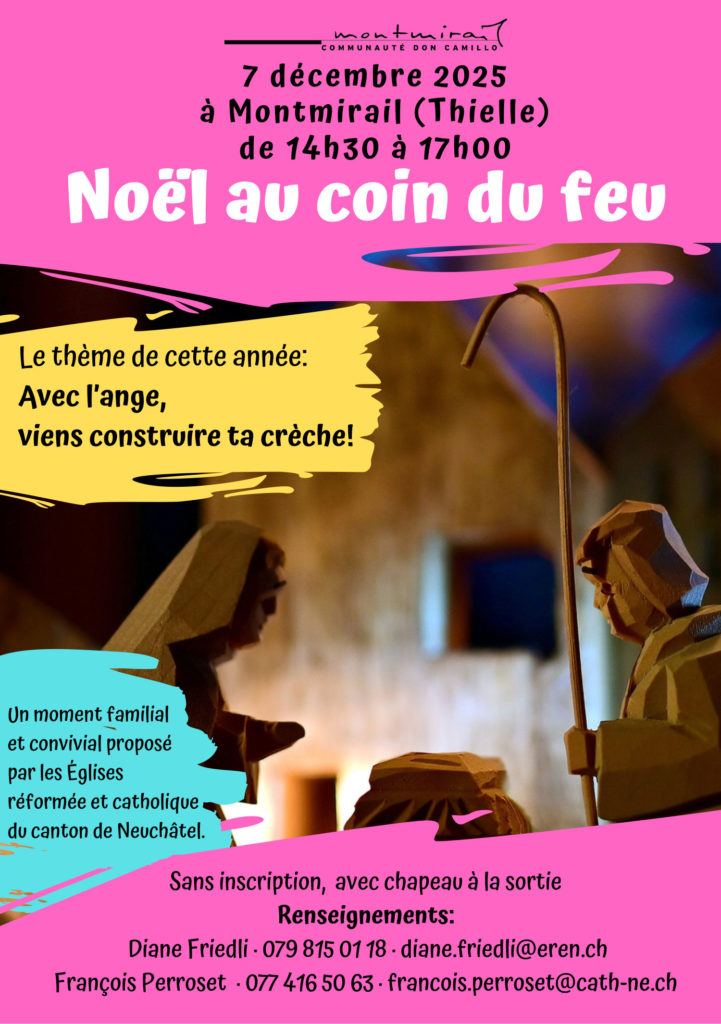 Noël au coin du feu 2025 - recto du flyer. Le thème de cette année: Avec l’ange, viens construire ta crèche!